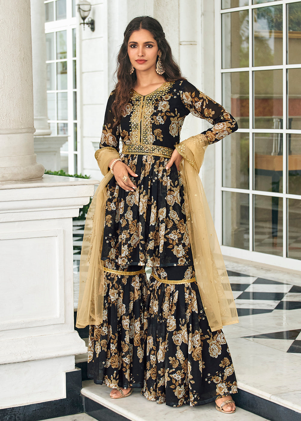 Shop Now Floral Printed Royal Black Trendy Sharara Suit for Wedding Online at Empress Clothing in USA, UK, Canada & Worldwide.