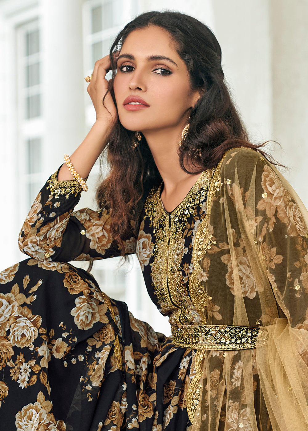 Shop Now Floral Printed Royal Black Trendy Sharara Suit for Wedding Online at Empress Clothing in USA, UK, Canada & Worldwide.