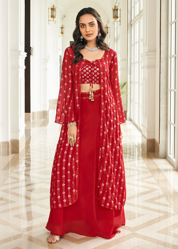 Buy Now Tempting Red 3 Piece Sequins Embroidered Palazzo Salwar Suit Online in USA, UK, Canada & Worldwide at Empress Clothing.