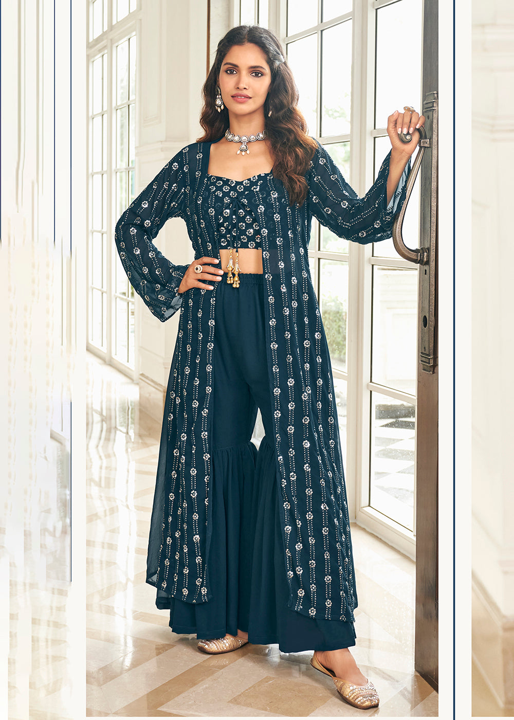 Buy Now Prussian Blue 3 Piece Sequins Embroidered Gharara Salwar Suit Online in USA, UK, Canada & Worldwide at Empress Clothing. 