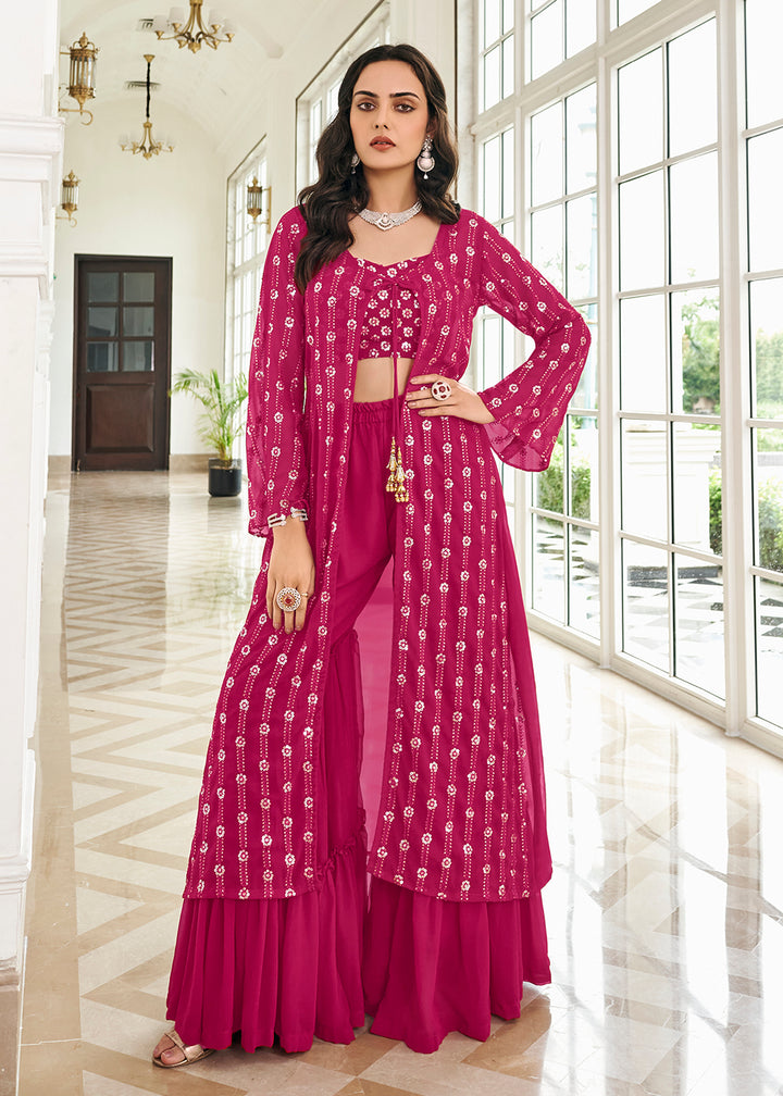 Buy Now Classic Hot Pink 3 Piece Sequins Embroidered Gharara Salwar Suit Online in USA, UK, Canada & Worldwide at Empress Clothing. 