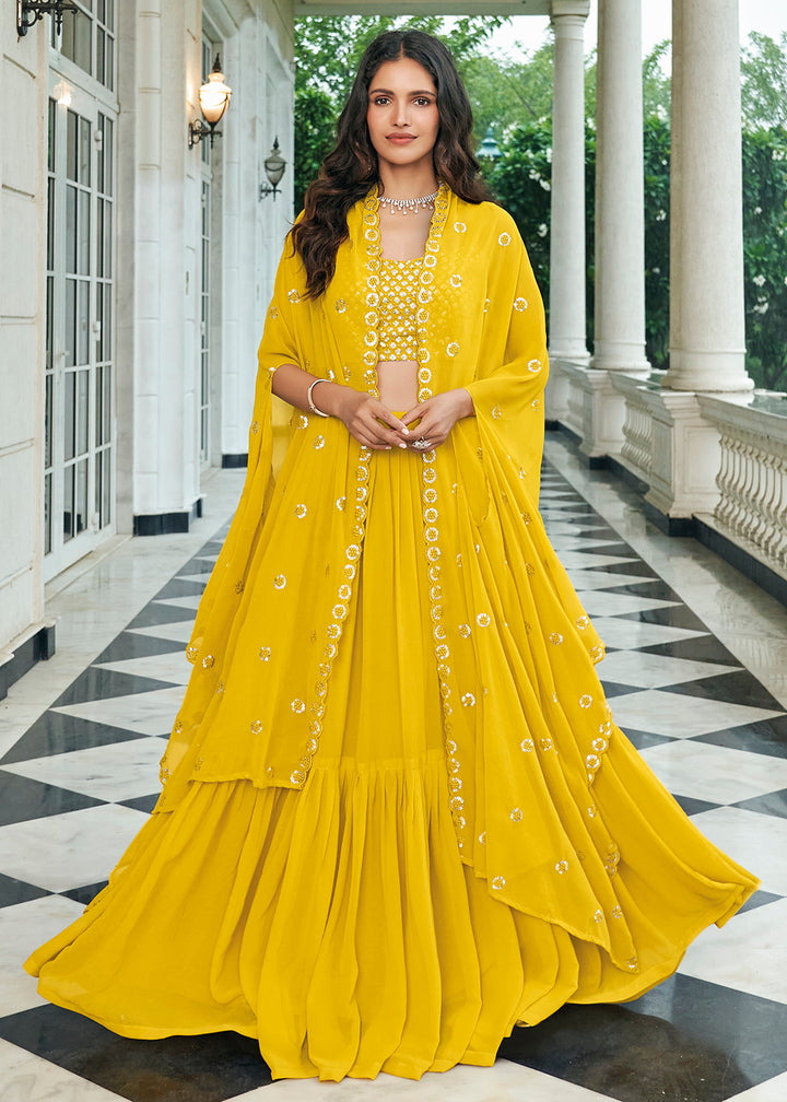 Buy Now Opulent Yellow Sequined Embroidered Shrug Style Lehenga Choli Online in USA, UK, Canada & Worldwide at Empress Clothing. 