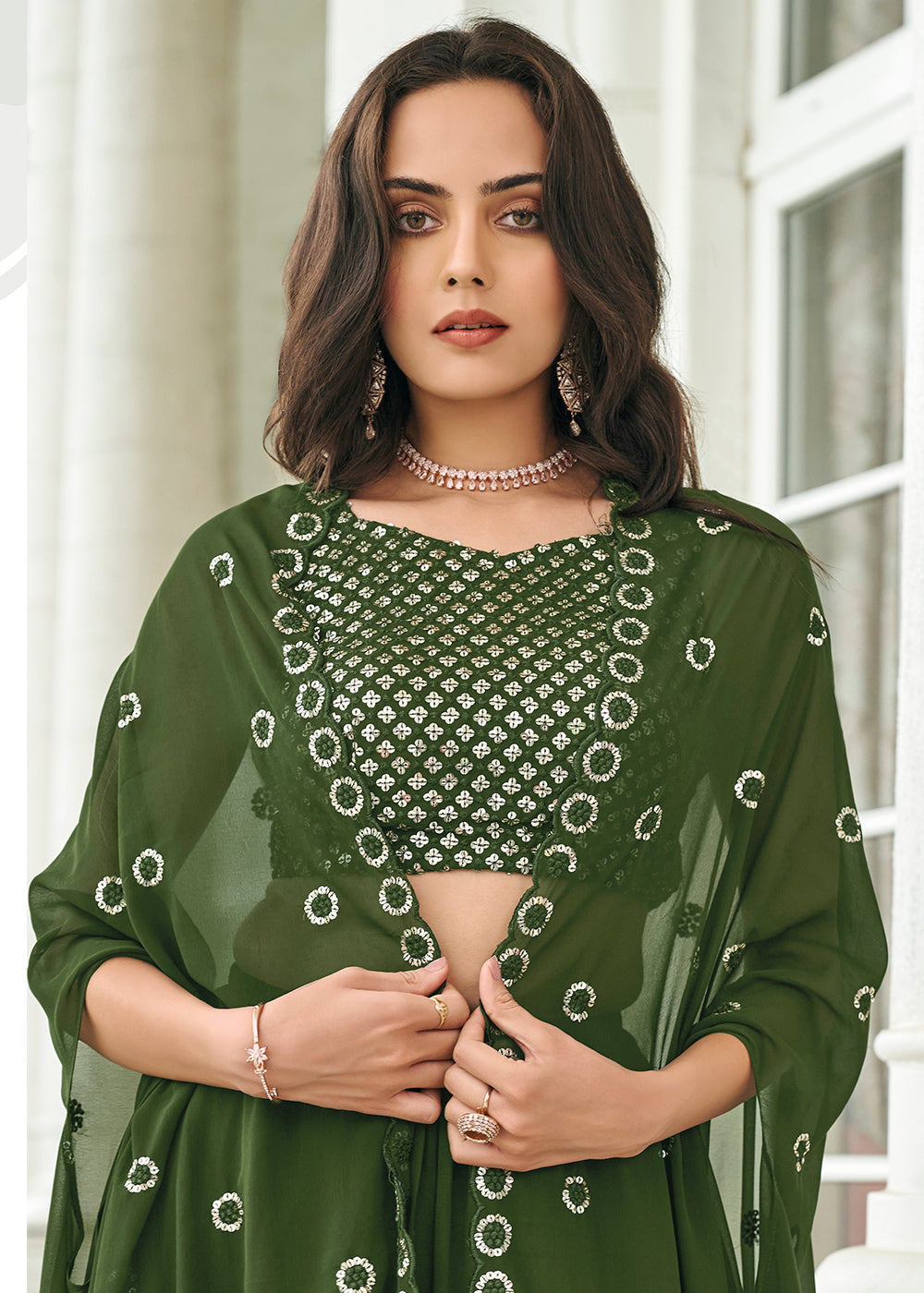 Buy Now Olive Green Sequined Embroidered Shrug Style Lehenga Choli Online in USA, UK, Canada & Worldwide at Empress Clothing. 