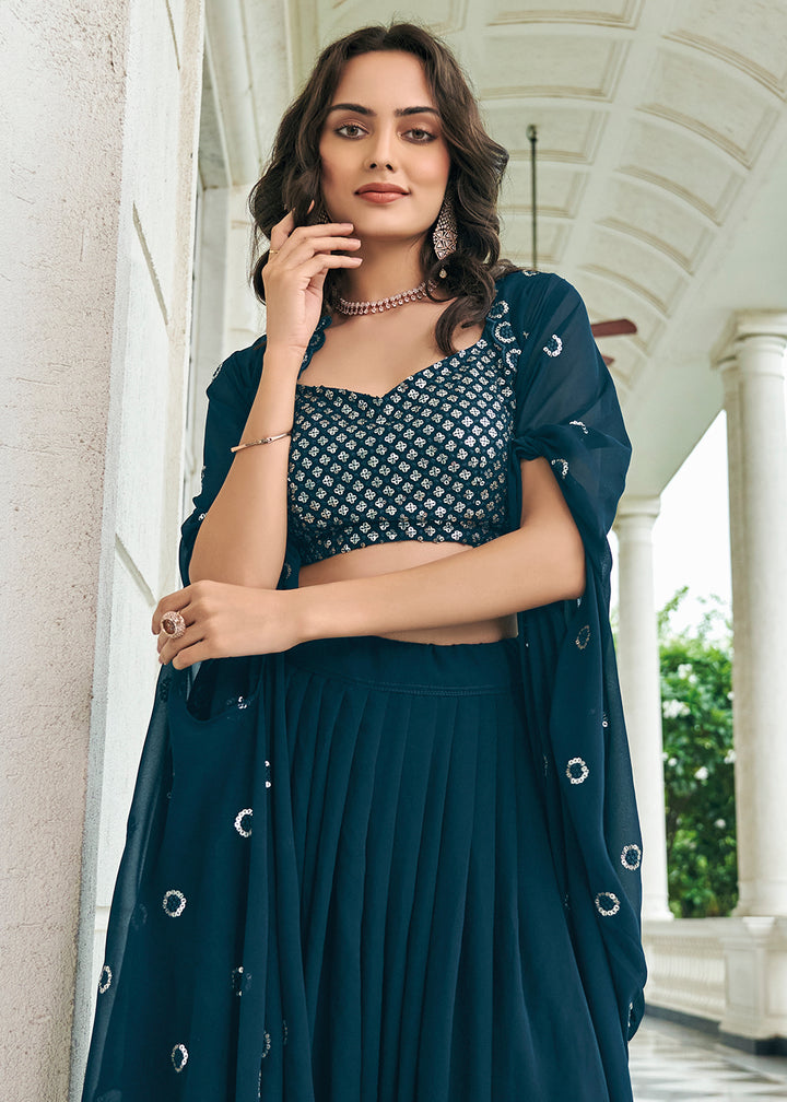 Buy Now Lovable Navy-Blue Sequined Embroidered Shrug Style Lehenga Choli Online in USA, UK, Canada & Worldwide at Empress Clothing. 