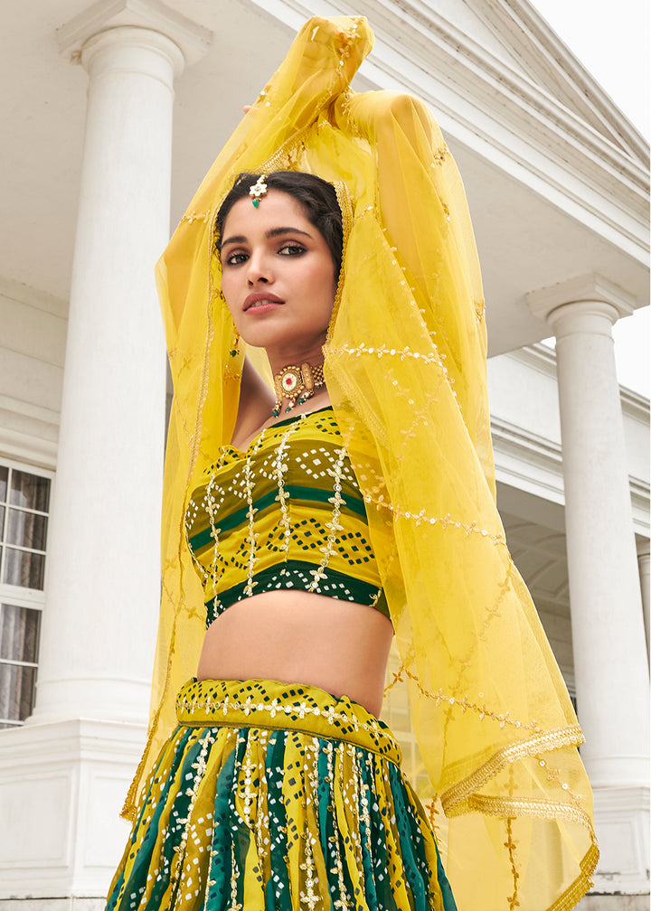 Buy Now Superb Green & Yellow Bandhni Printed Wedding Lehenga Choli Online in USA, UK, Canada & Worldwide at Empress Clothing.