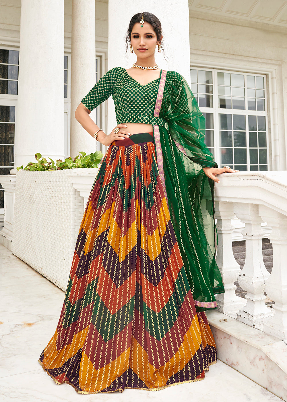 Buy Now Desirable Multicolor & Green Printed Wedding Lehenga Choli Online in USA, UK, Canada & Worldwide at Empress Clothing.