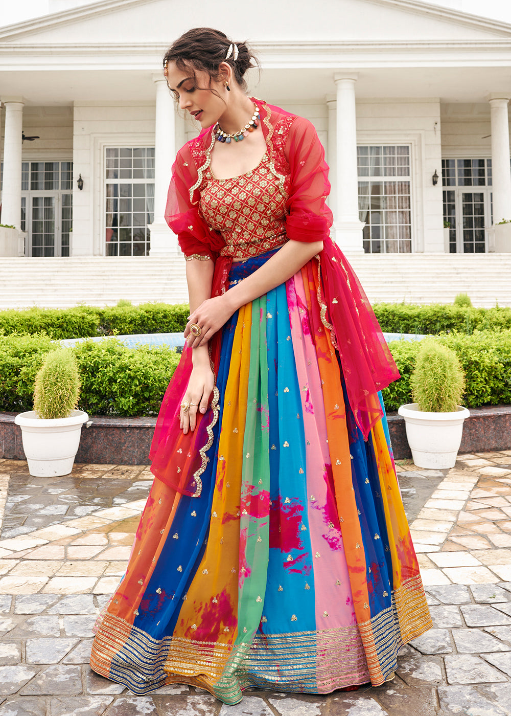 Buy Now Fascinating Multicolor Shibori Printed Wedding Lehenga Choli Online in USA, UK, Canada & Worldwide at Empress Clothing.
