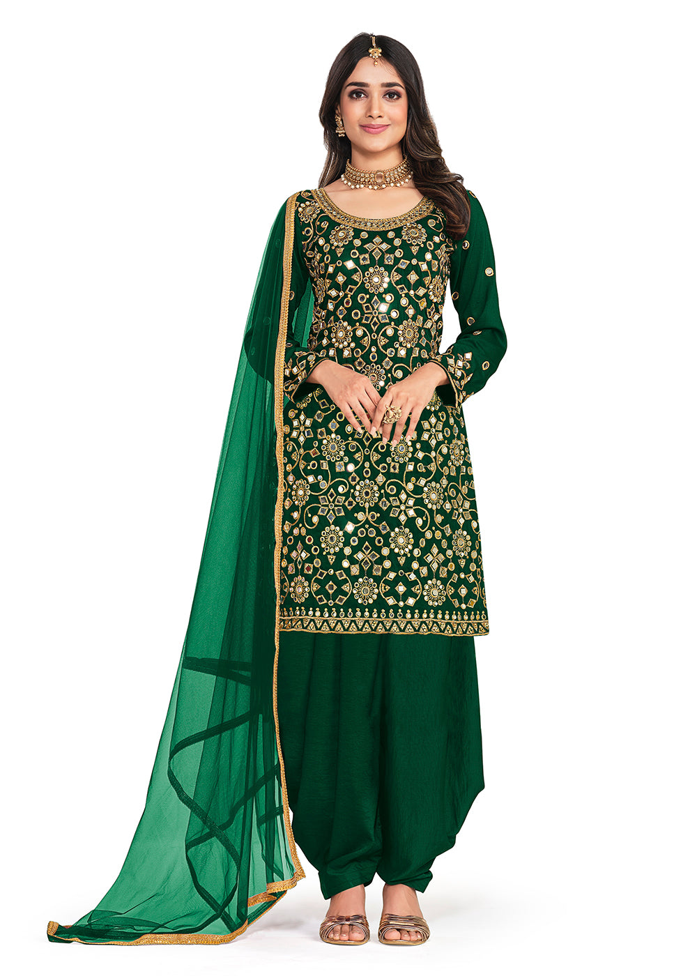 Buy Now Silk Lovely Green Mirror Work Patiala Salwar Kameez Online in USA, UK, Canada & Worldwide at Empress Clothing.