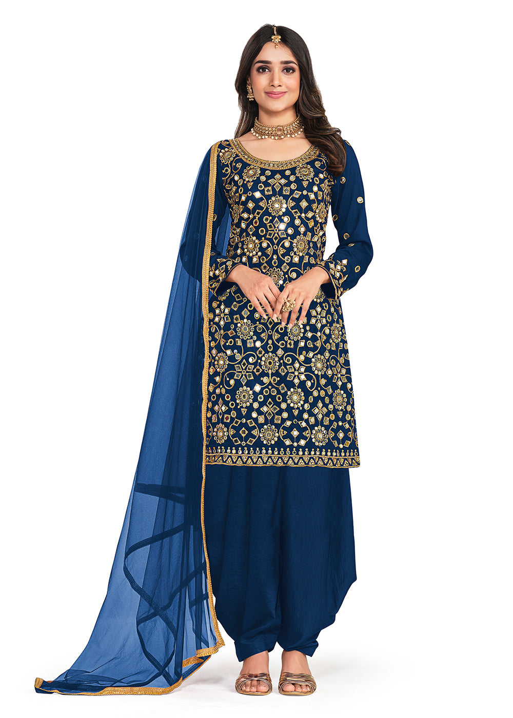 Buy Now Silk Pleasing Blue Mirror Work Patiala Salwar Kameez Online in USA, UK, Canada & Worldwide at Empress Clothing.