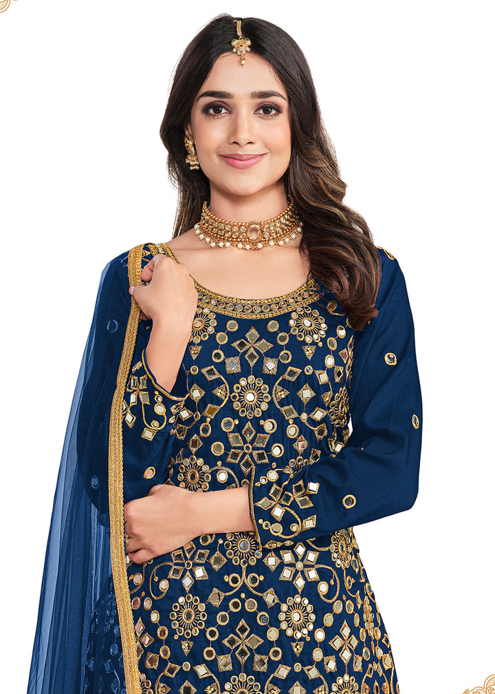 Buy Now Silk Pleasing Blue Mirror Work Patiala Salwar Kameez Online in USA, UK, Canada & Worldwide at Empress Clothing.