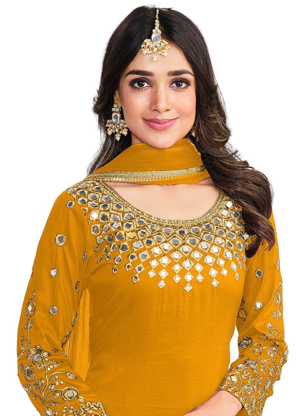 Buy Now Punjabi Style Mustard Silk Mirror Work Patiala Suit Online in USA, UK, Canada & Worldwide at Empress Clothing.