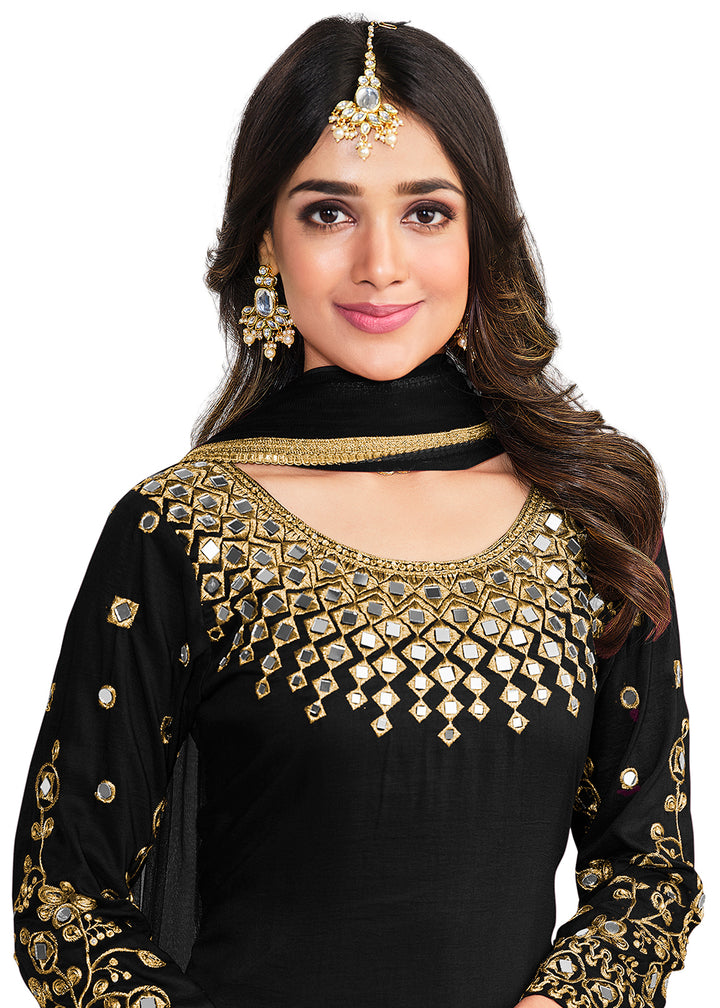 Buy Now Punjabi Style Black Silk Mirror Work Patiala Suit Online in USA, UK, Canada & Worldwide at Empress Clothing. 