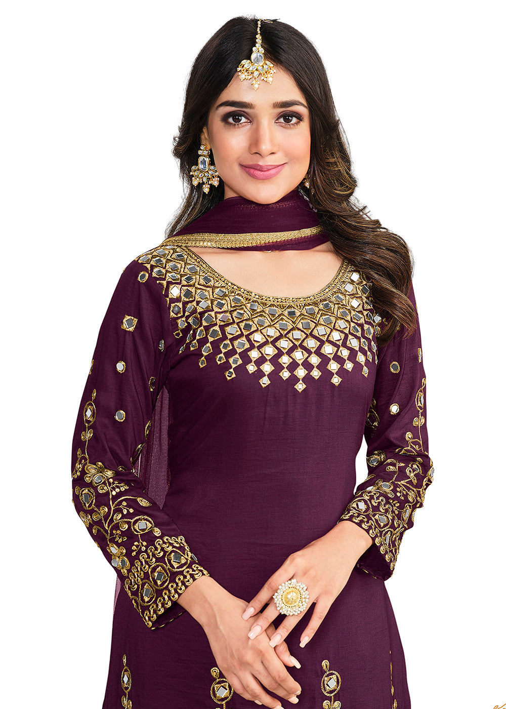 Punjabi Style Purple Silk Mirror Work Patiala Suit