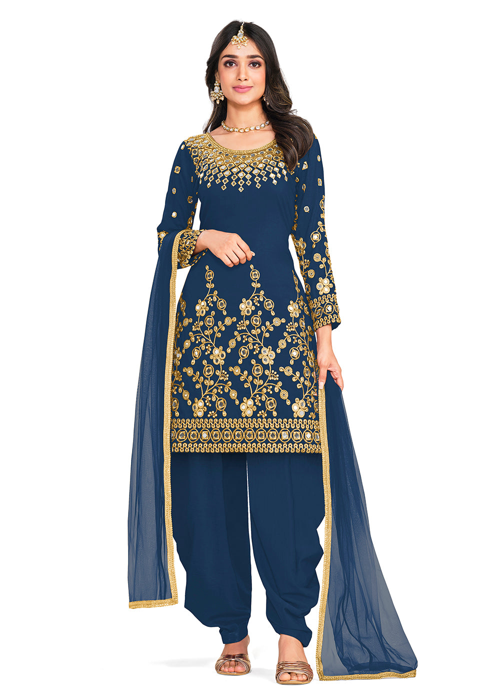 Latest Punjabi Suits with neck work and Golden leggings and gorgeous look.