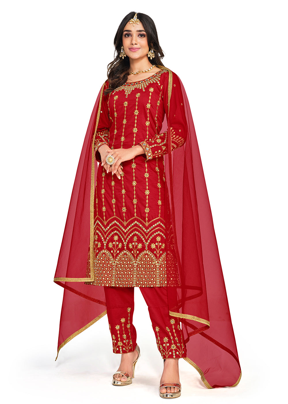Buy Now Beautiful Mirror Work Red Silk Festive Salwar Suit Online in USA, UK, Canada & Worldwide at Empress Clothing.