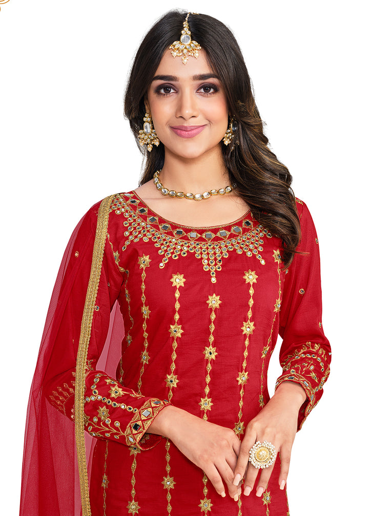 Buy Now Beautiful Mirror Work Red Silk Festive Salwar Suit Online in USA, UK, Canada & Worldwide at Empress Clothing.