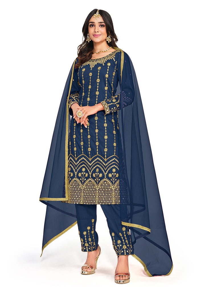 Buy Now Beautiful Mirror Work Blue Silk Festive Salwar Suit Online in USA, UK, Canada & Worldwide at Empress Clothing. 