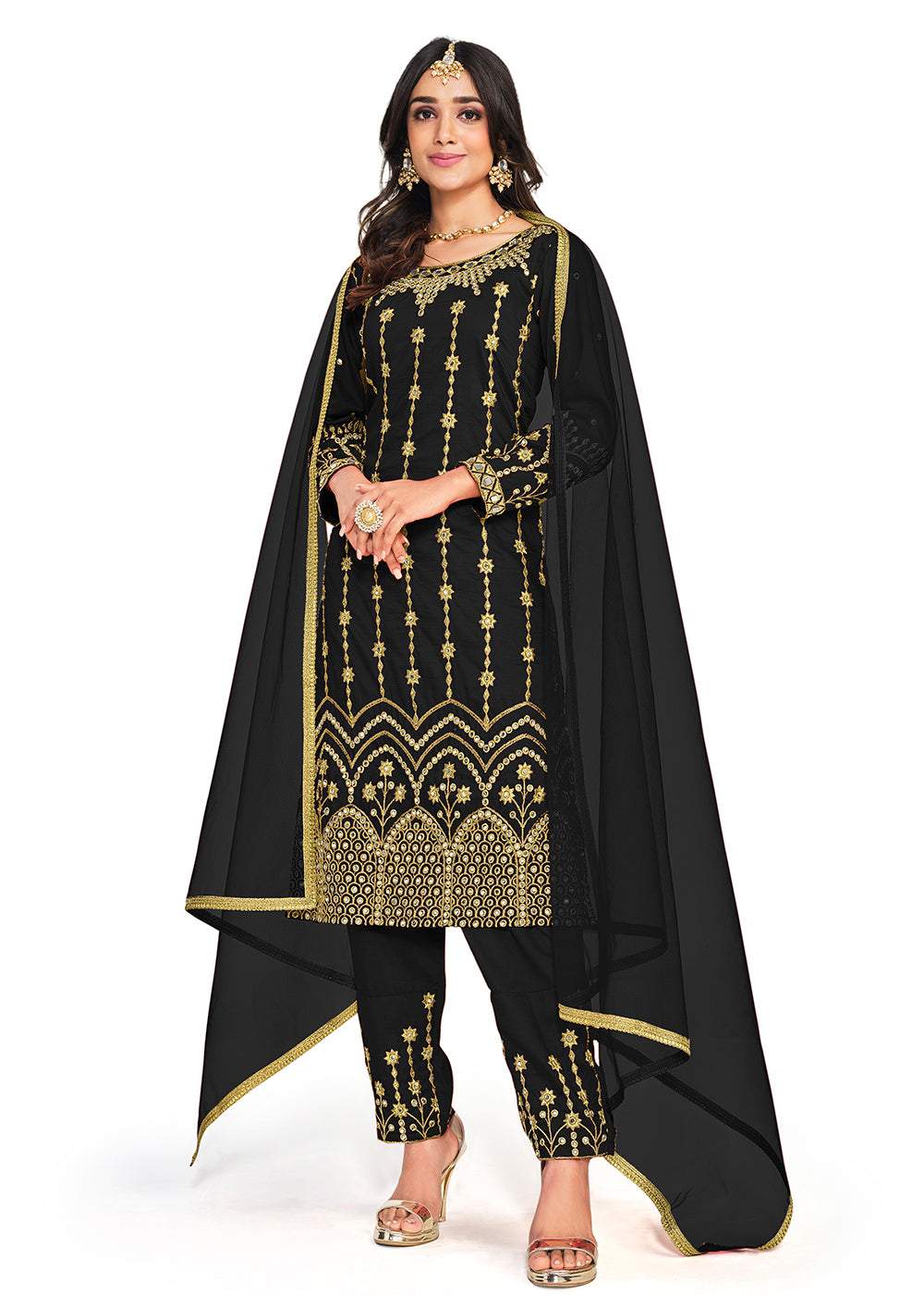 Buy Now Beautiful Mirror Work Black Silk Festive Salwar Suit Online in USA, UK, Canada & Worldwide at Empress Clothing.