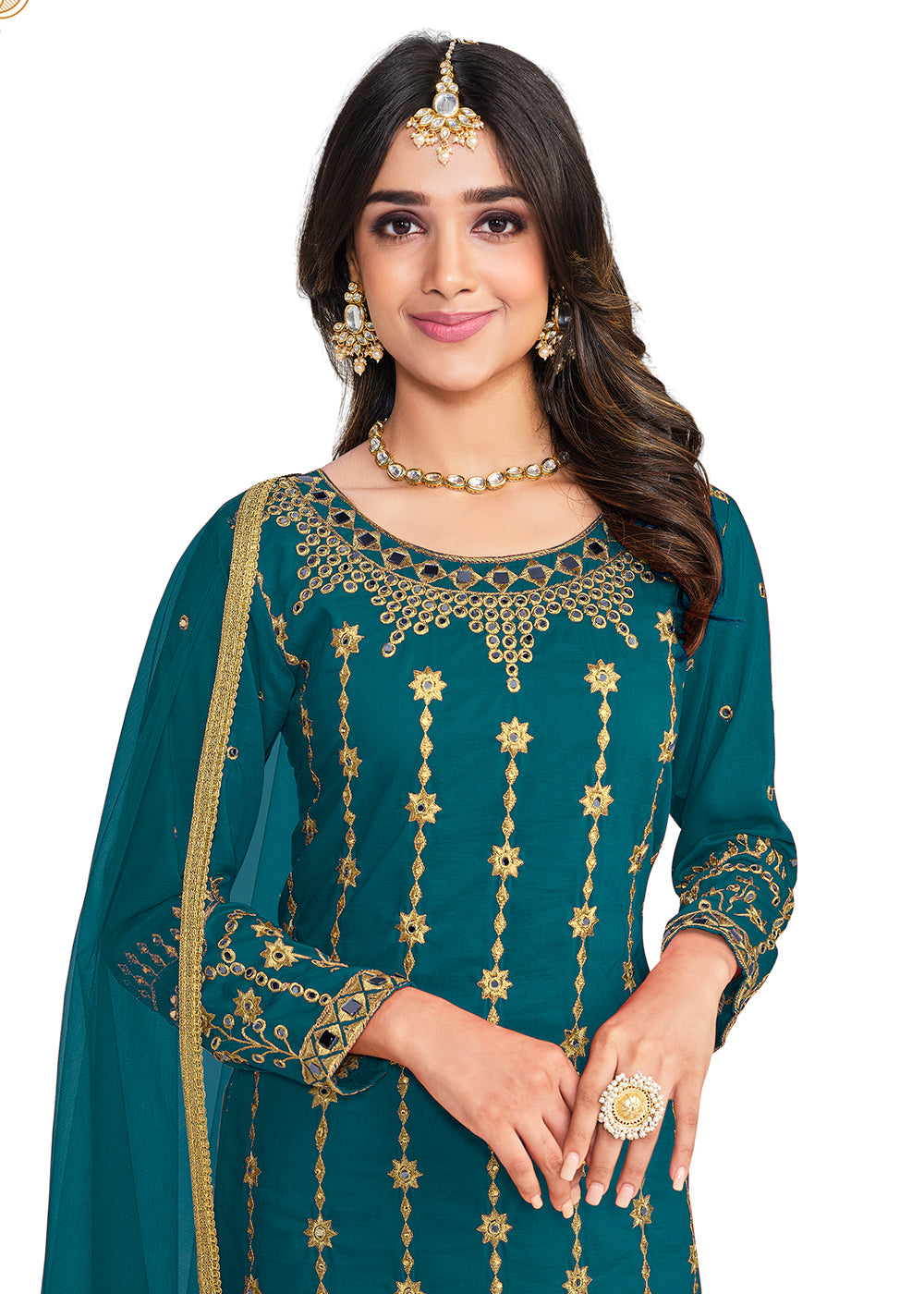 Buy Now Beautiful Mirror Work Teal Silk Festive Salwar Suit Online in USA, UK, Canada & Worldwide at Empress Clothing. 