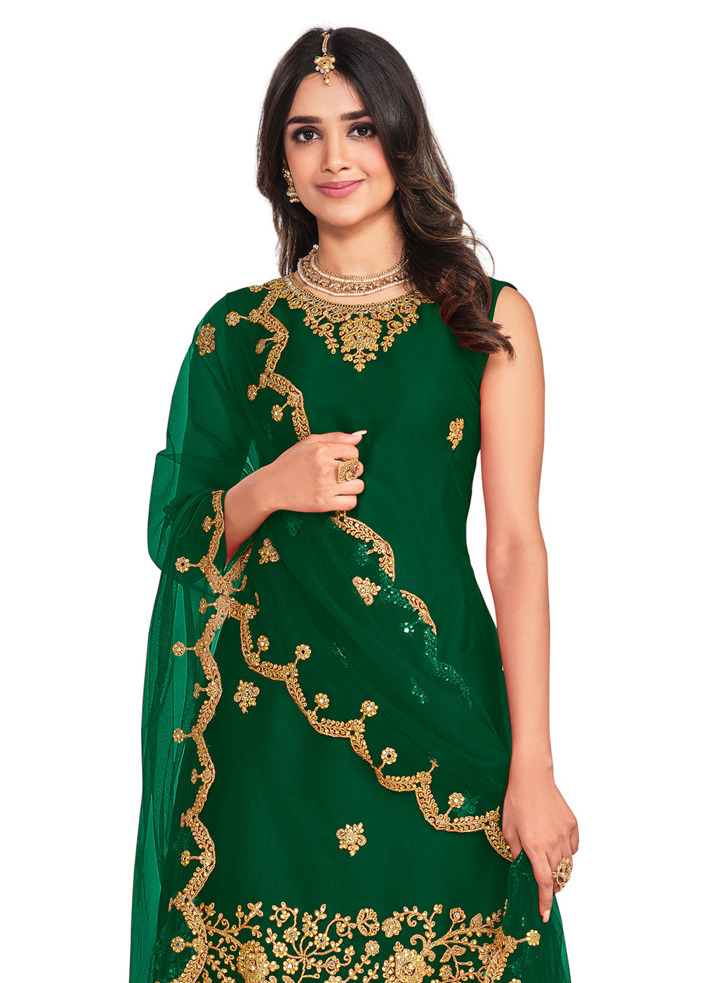 Embroidered Green Punjabi Crop Top Dhoti Blouse With Koti – tapee.in