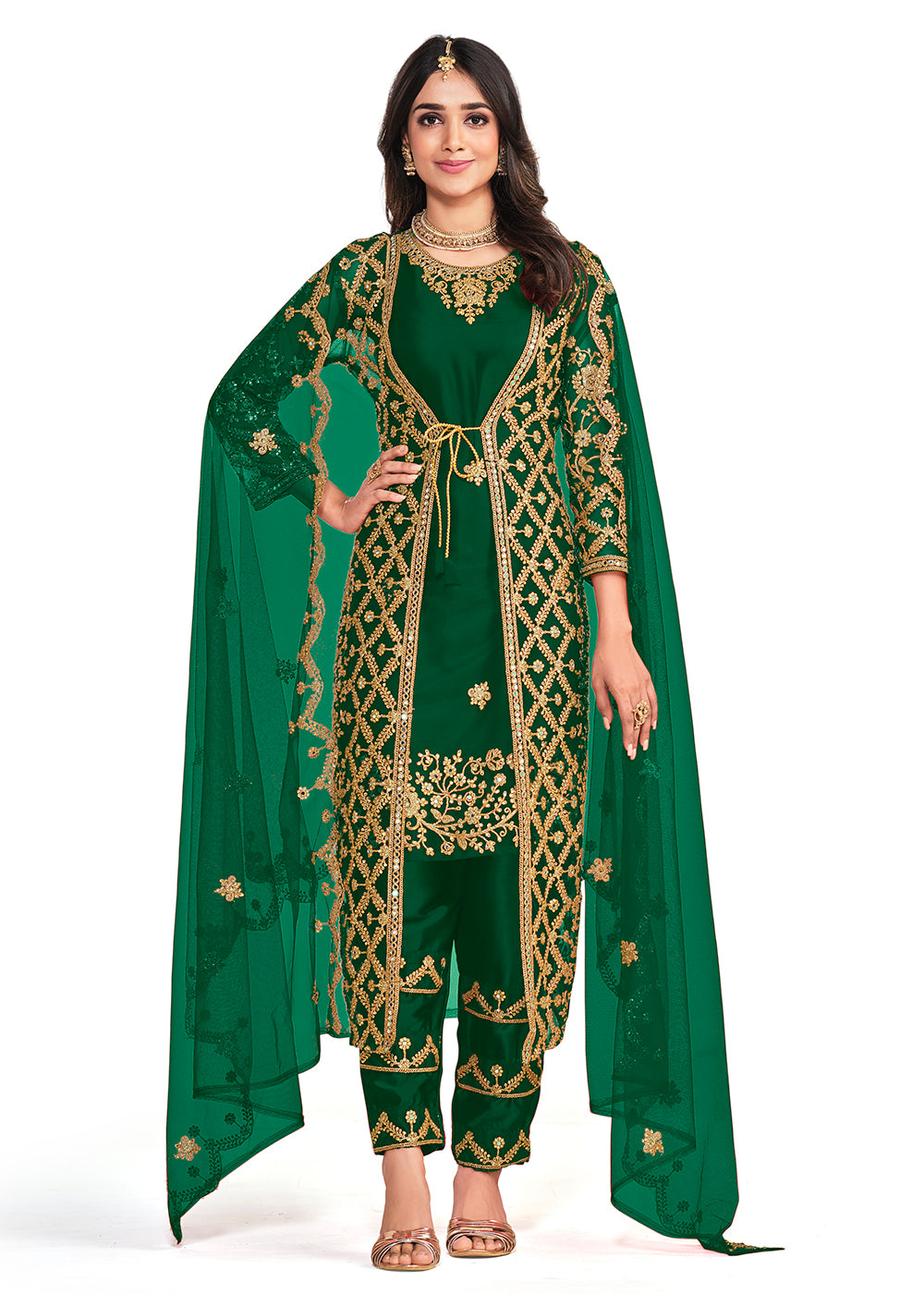 Festive Salwar Suit Koti Style Elegant Green Patterned Salwar