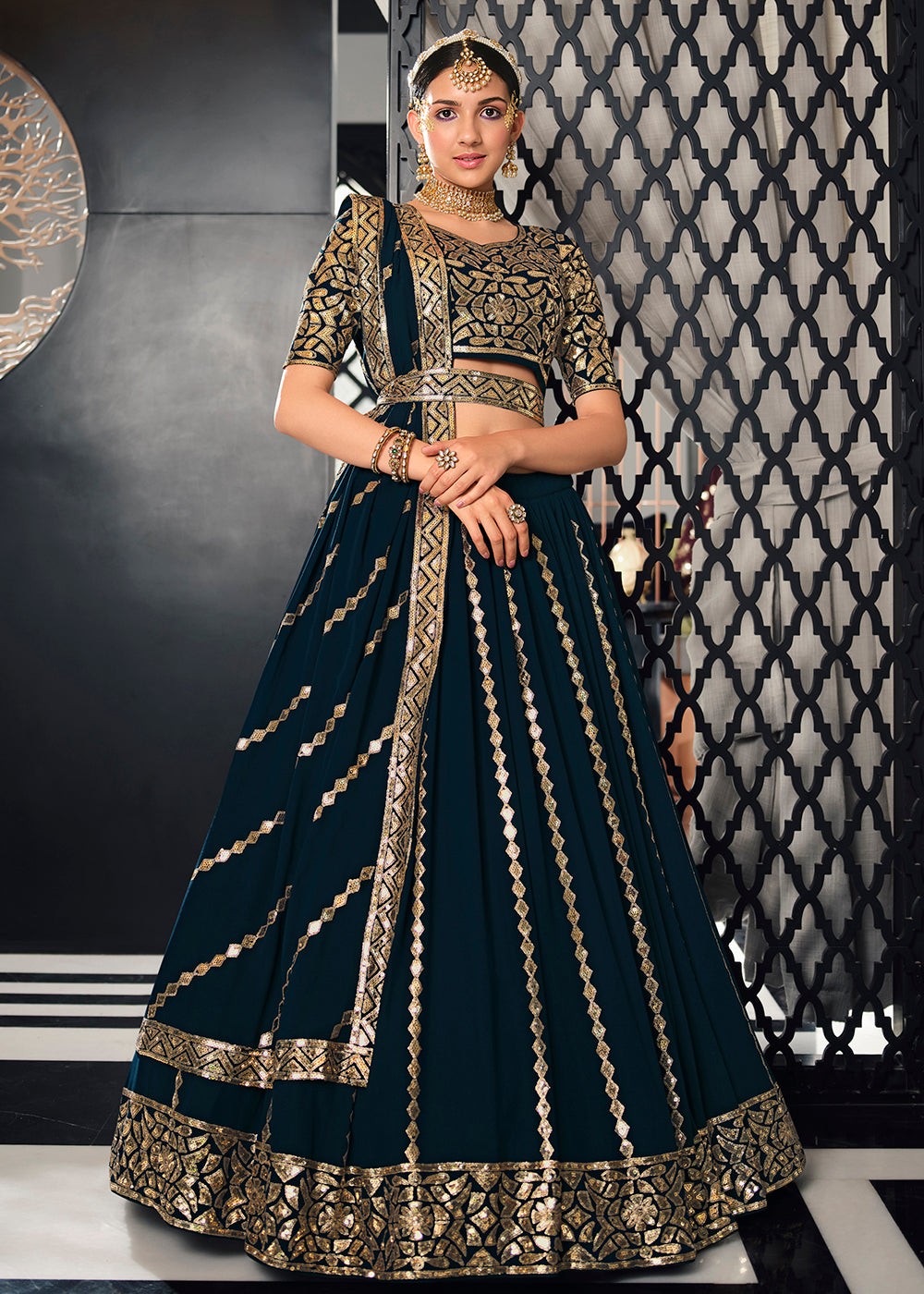 Buy Now Georgette Fabric Teal Blue Bridesmaid Lehenga Choli Online in USA, UK, Canada & Worldwide at Empress Clothing.