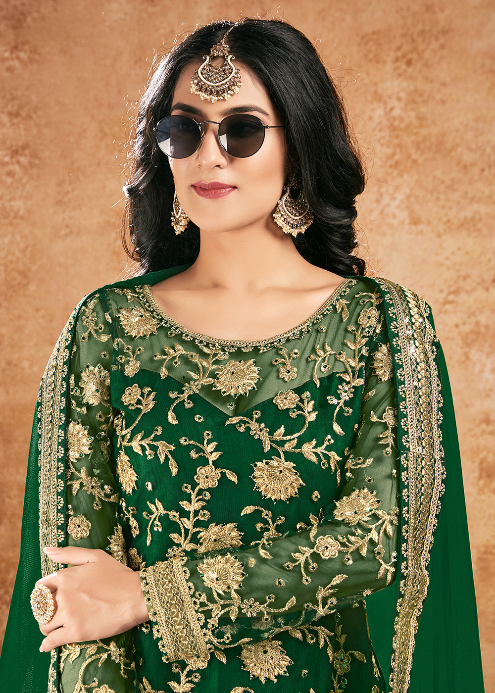 Buy Bottle Green Net Sequins Gharara Suit - Pakistani Gharara Suit