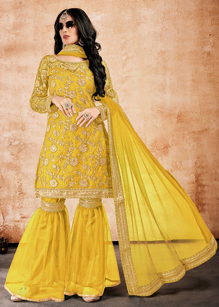 Buy Pleasance Yellow Net Sequins Gharara Suit - Pakistani Gharara Suit