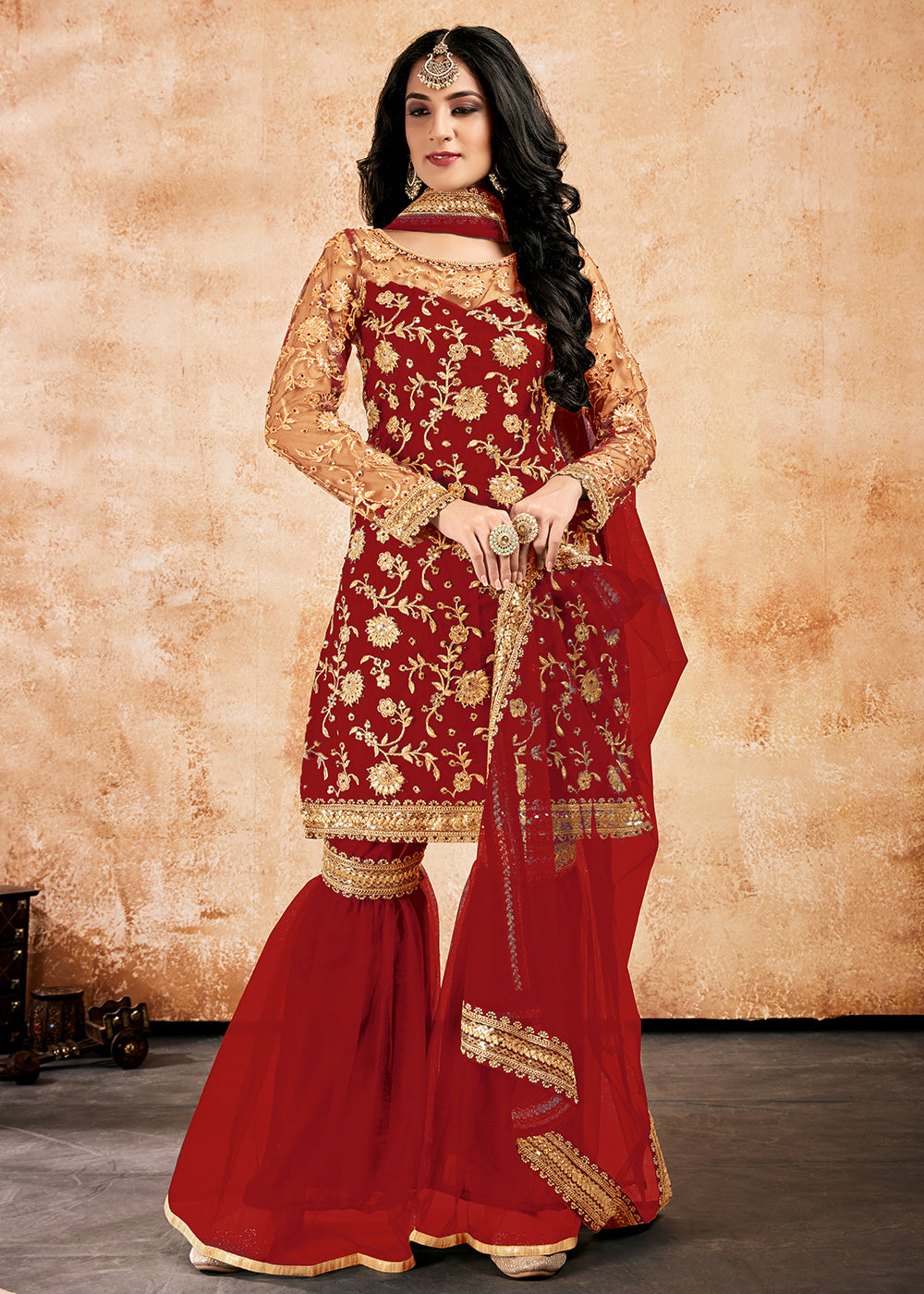 Buy Majestic Red Net Sequins Gharara Suit - Pakistani Gharara Suit
