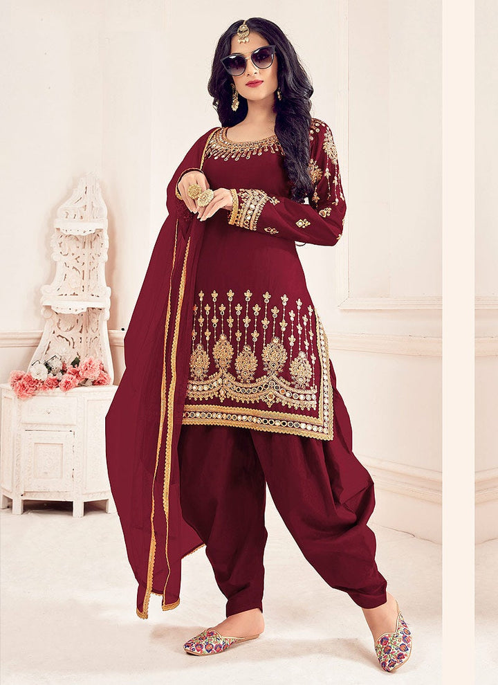 Buy Maroon Patiala Style Suit - Mirror Embroidered Punjabi Suit