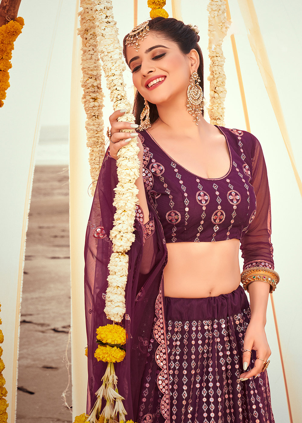 Buy Now Wine Purple Sequined Wedding Function Wear Lehenga Choli Online in USA, UK, Canada & Worldwide at Empress Clothing.