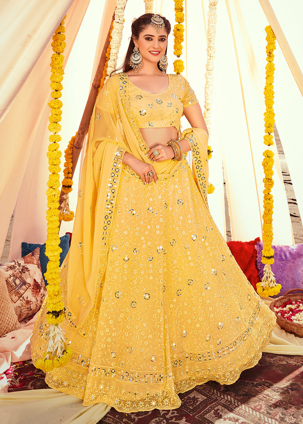 Buy Now Haldi Yellow Sequined Wedding Function Wear Lehenga Choli Online in USA, UK, Canada & Worldwide at Empress Clothing. 