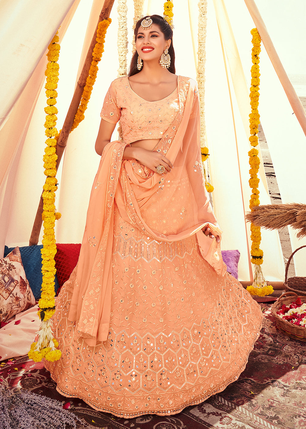 Buy Now Coral Peach Sequined Wedding Function Wear Lehenga Choli Online in USA, UK, Canada & Worldwide at Empress Clothing.