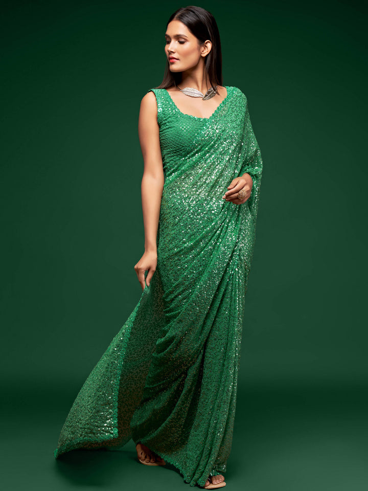 Buy Fully Sequined Mint Green Saree - Georgette Designer Saree