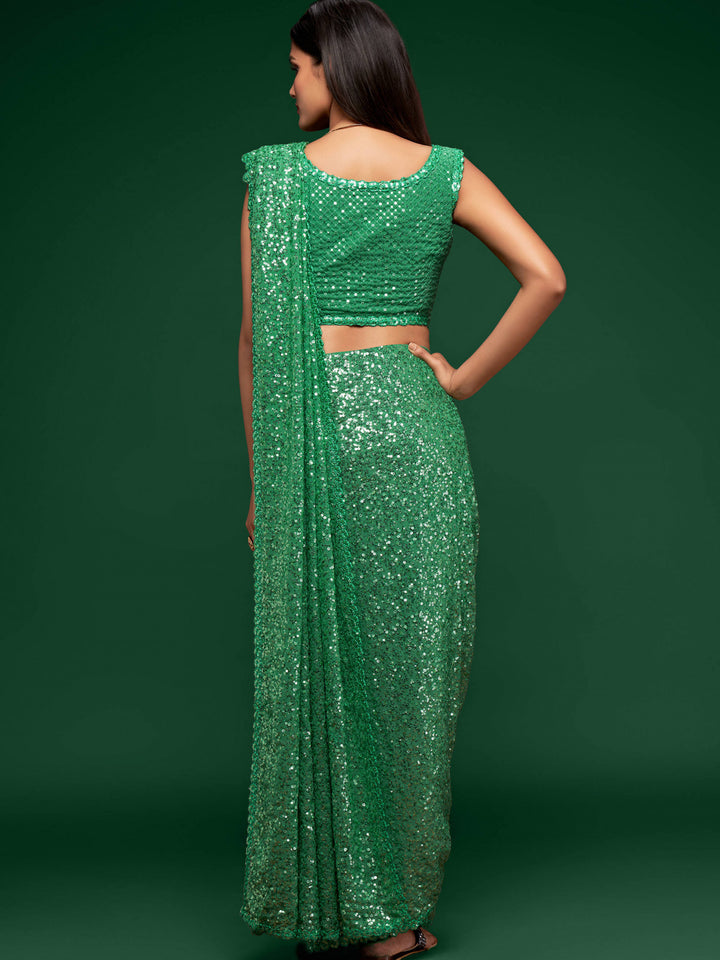 Buy Fully Sequined Mint Green Saree - Georgette Designer Saree