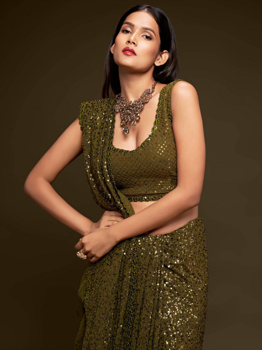Buy Fully Sequined Olive Green Saree - Georgette Designer Saree