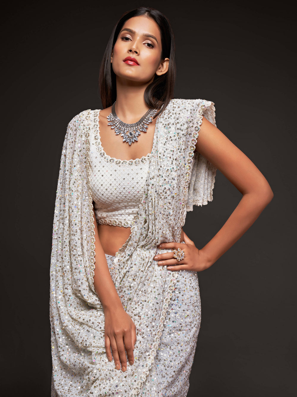 Buy Fully Sequined Pearl White Saree - Georgette Designer Saree
