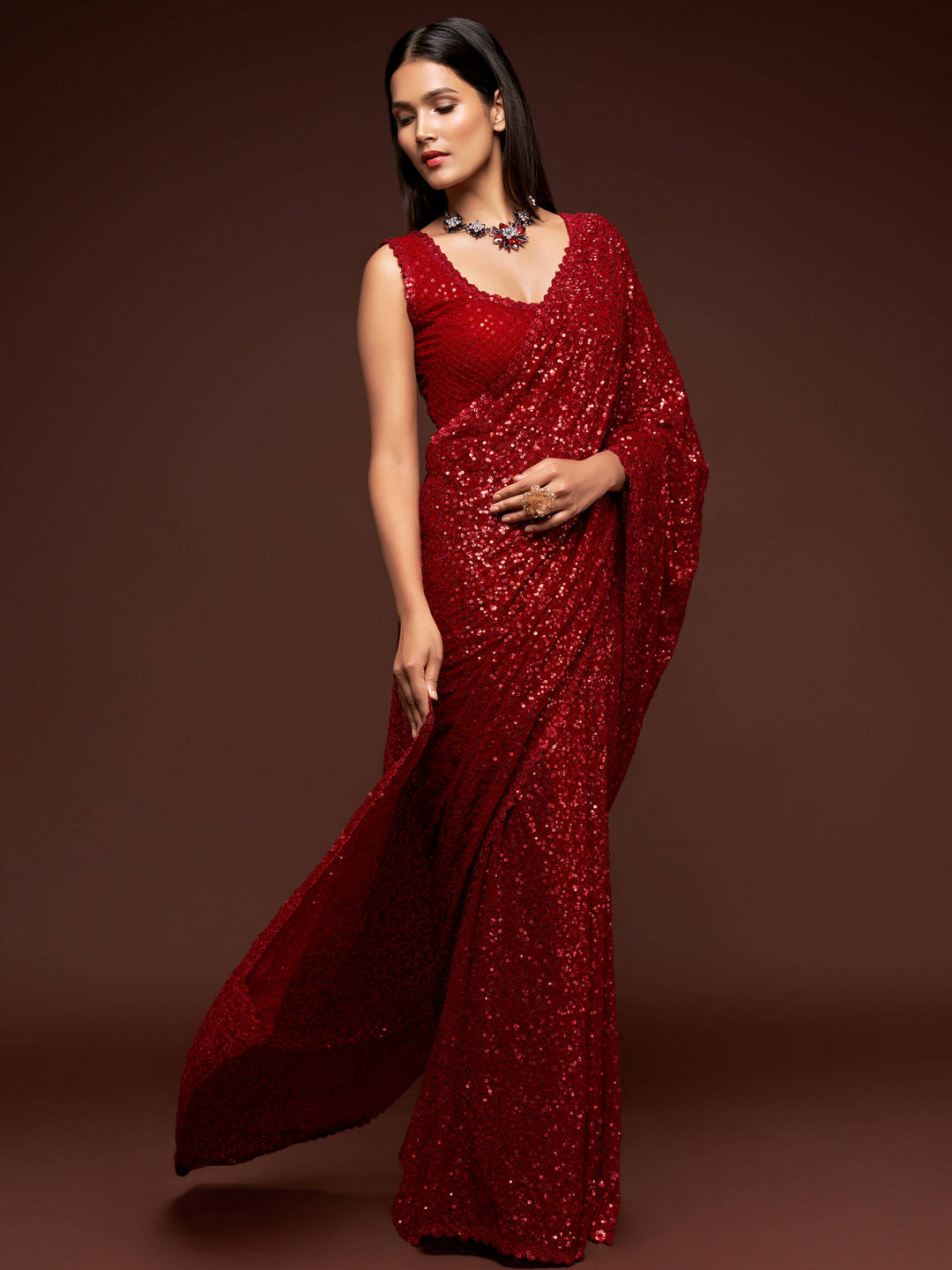 Buy Fully Sequined Party Red Saree - Georgette Designer Saree