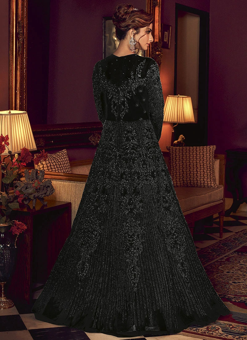 Superb Black Heavy Embroidered Net Anarkali Suit