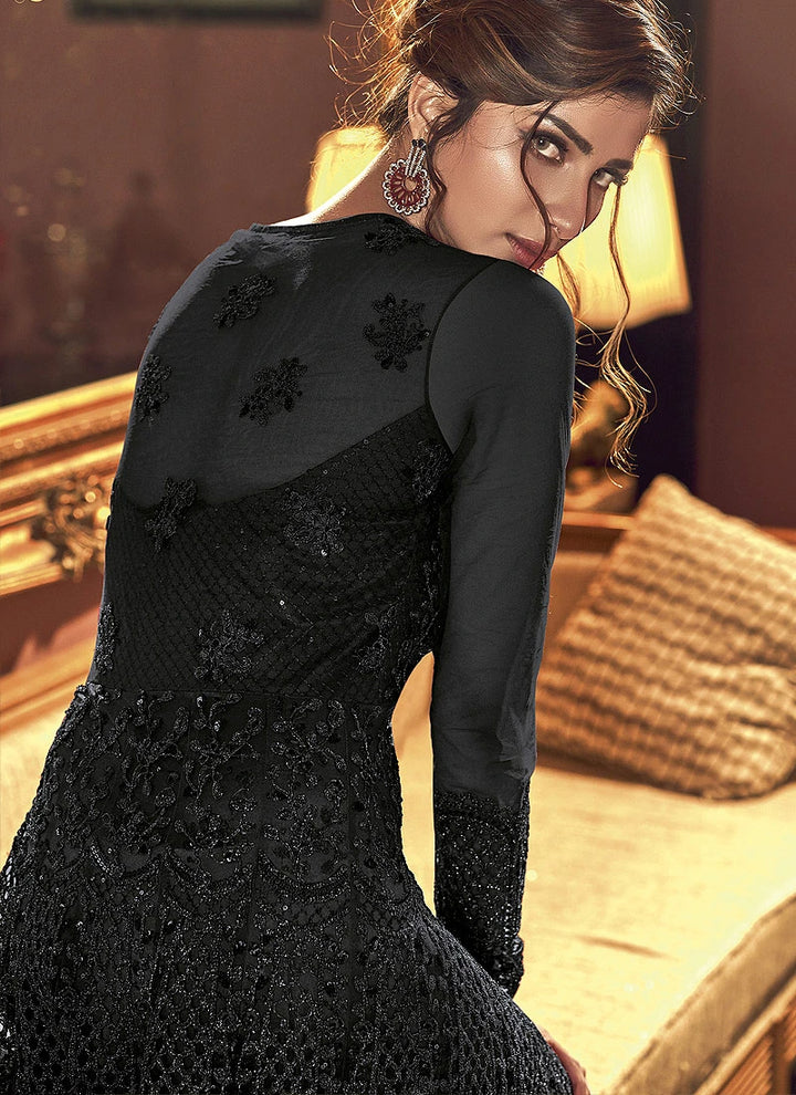 Glorious Black Slit Cut Embroidered Designer Anarkali Suit