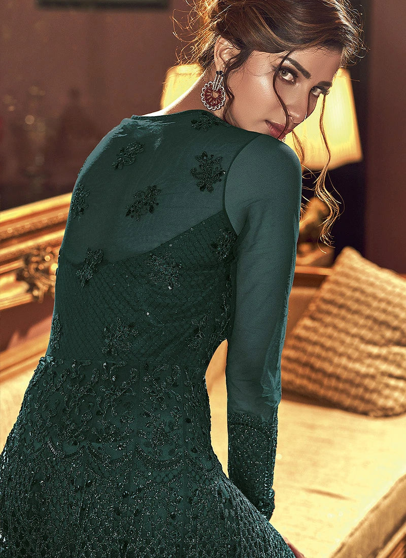 Perfect Green Slit Cut Embroidered Designer Anarkali Suit