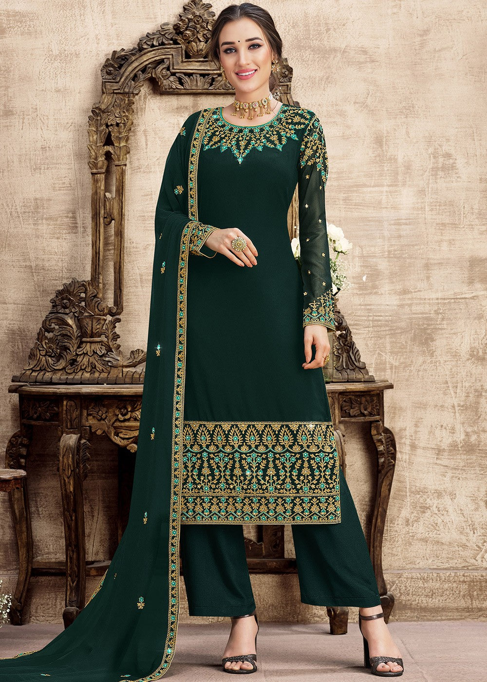 Buy Georgette Dark Green Suit - Heavy Embroidered Palazzo Suit