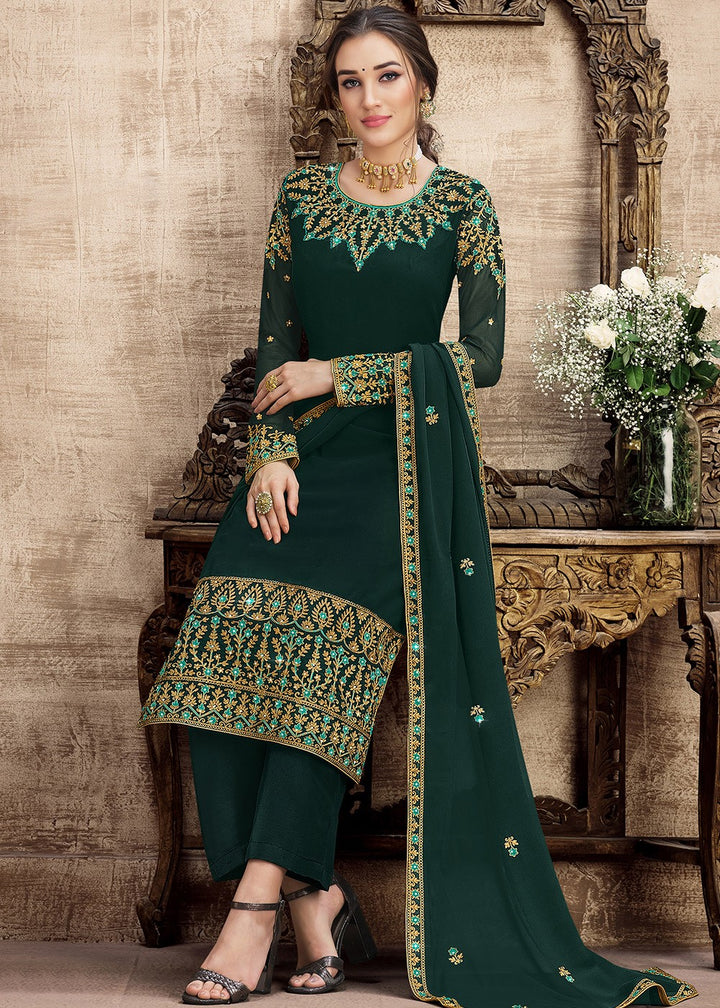 Buy Georgette Dark Green Suit - Heavy Embroidered Palazzo Suit