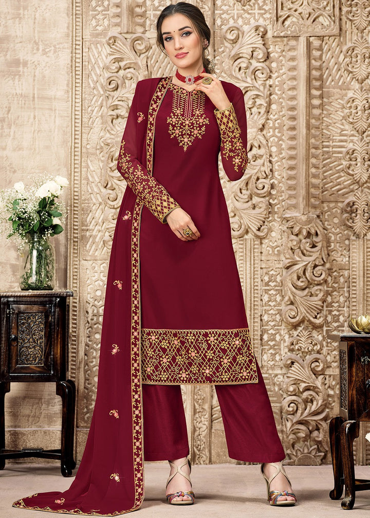Buy Georgette Deep Maroon Suit - Heavy Embroidered Palazzo Suit