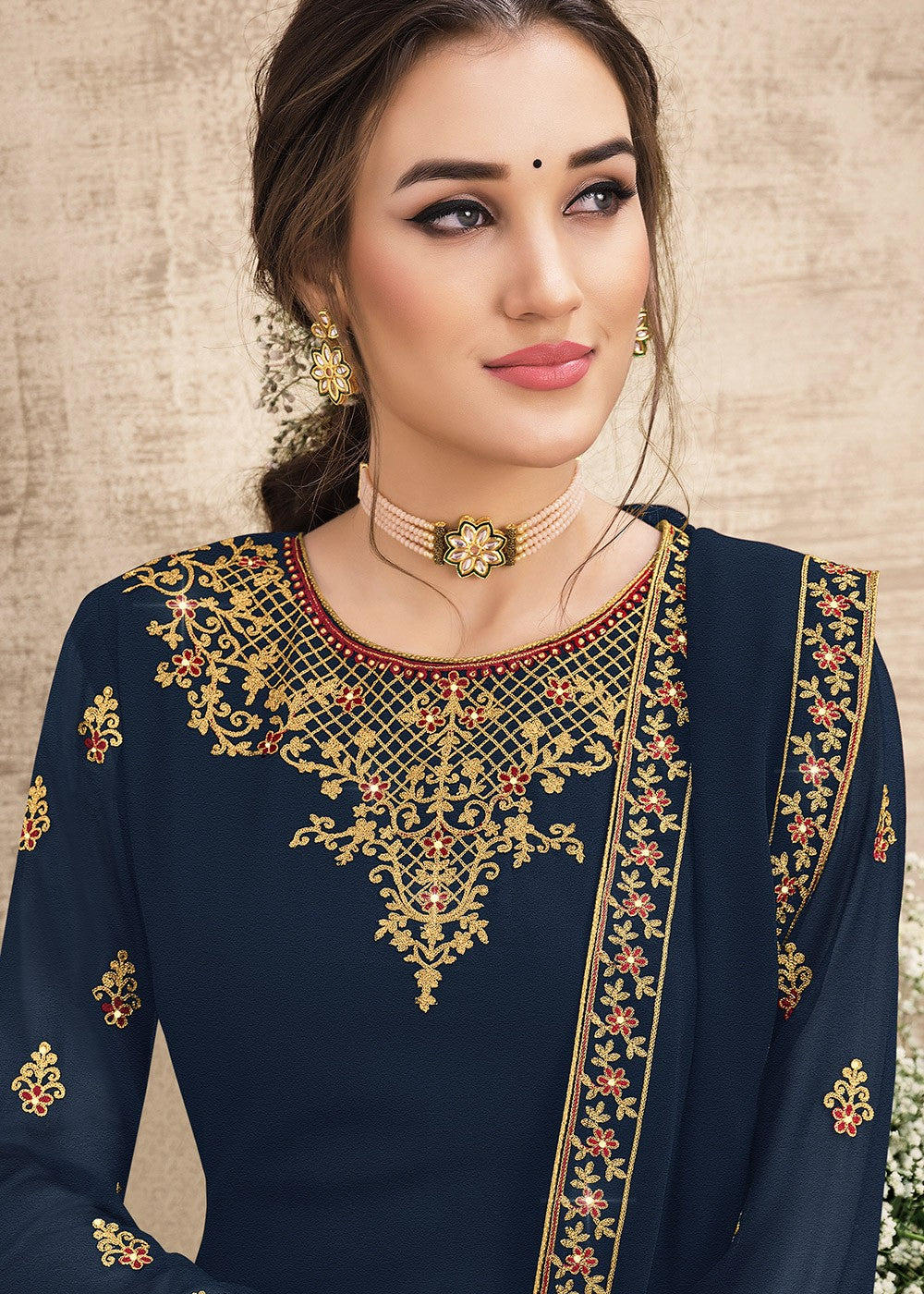 Buy Georgette Navy Blue Suit - Heavy Embroidered Pant Suit