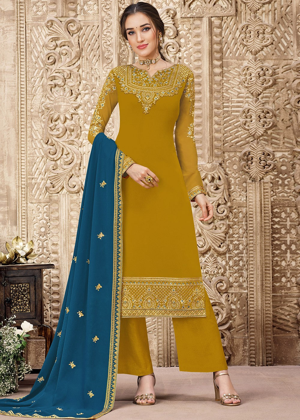 Buy Georgette Mustard Yellow Suit - Heavy Embroidered Pant Suit