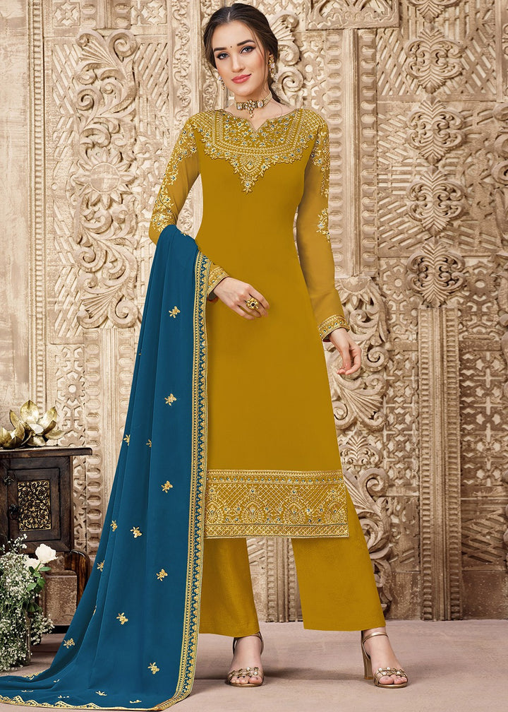 Buy Georgette Mustard Yellow Suit - Heavy Embroidered Pant Suit