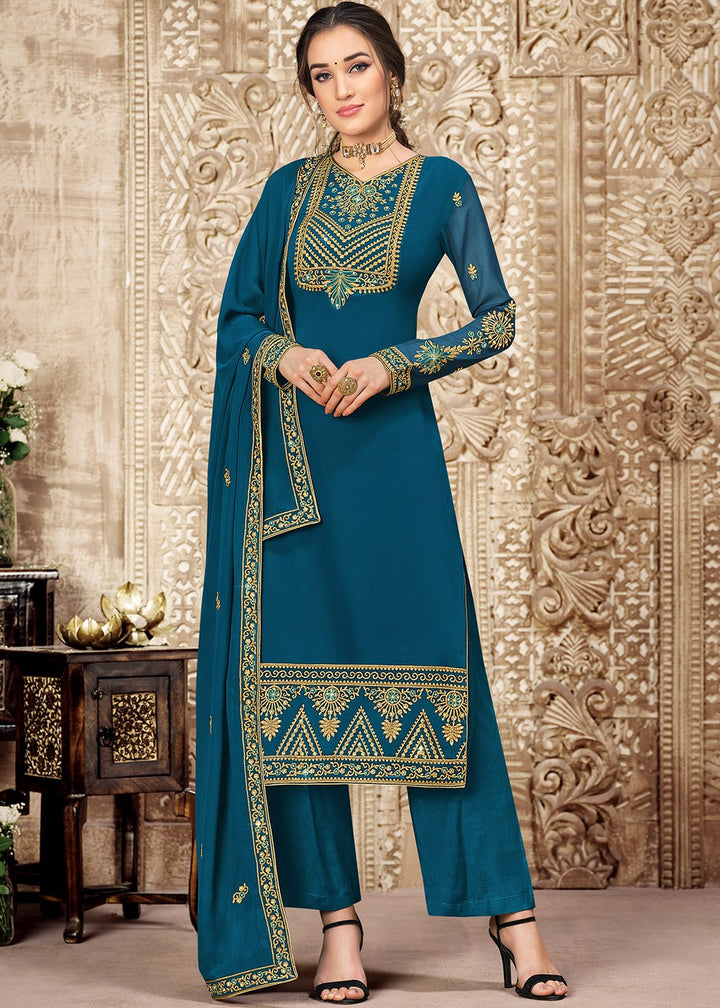 Buy Georgette Teal Blue Suit - Heavy Embroidered Pant Suit