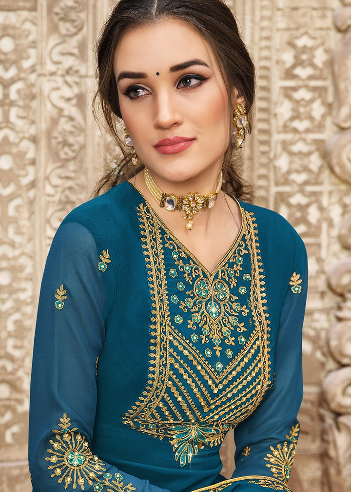 Buy Georgette Teal Blue Suit - Heavy Embroidered Pant Suit