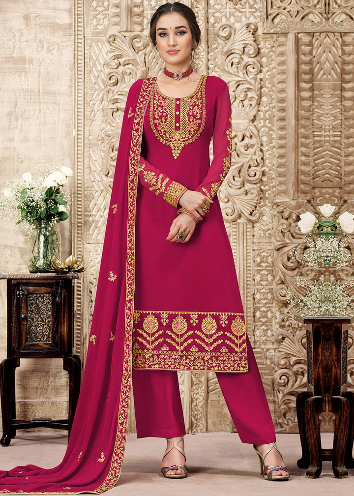 Buy Georgette Cerise Pink Suit - Heavy Embroidered Pant Suit